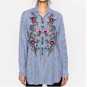 Zara Embroidered Poplin Striped Shirt Button Down